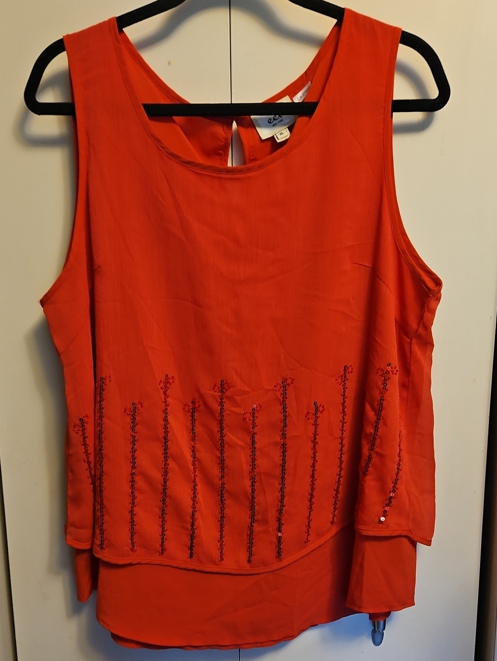 ECI NEW YORK Red Beaded Layered Tank Top Sz XL PTP22 L26